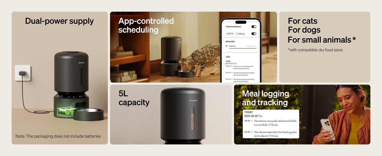 PETLIBRO Automatic Cat Feeder, 5G WiFi Automatic Dog Food Dispenser with Freshness Preservation, 5L Timed Pet Feeder with Low Food Sensor, Up to 10 Meals Per Day, Granary Black