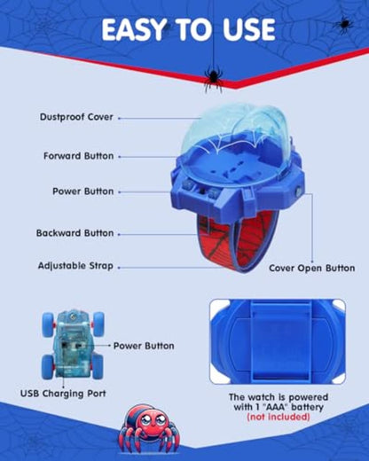 Spider Toy for Boys, Remote Control Watch Toy for Kids, Mini RC Car with LED Light and Wrist Strap for Indoor and Outdoor Play, Birthday for Toddlers